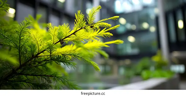 Bright Green and Yellow Plant Branches in Urban Courtyard