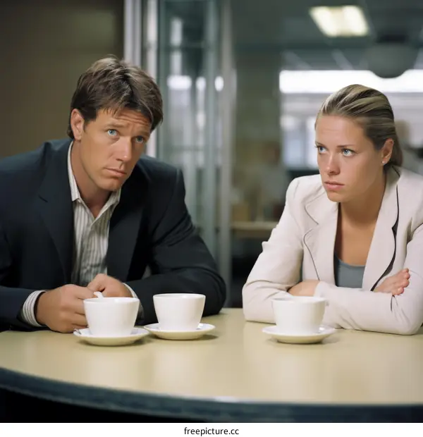A serious man and woman in business suits are sitting at a table having an intense conversation