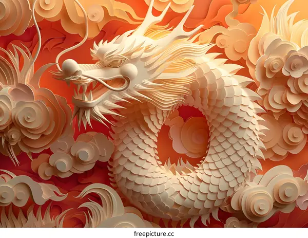 An illustration of a paper-cut dragon with red background