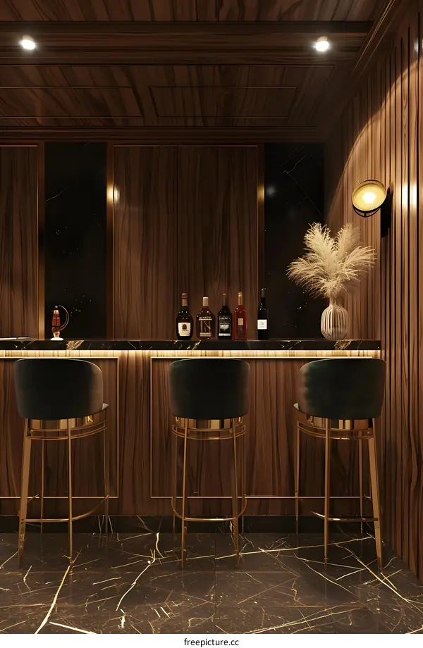 Luxury Home Bar Interior Design with Gold Accents and Dark Wood