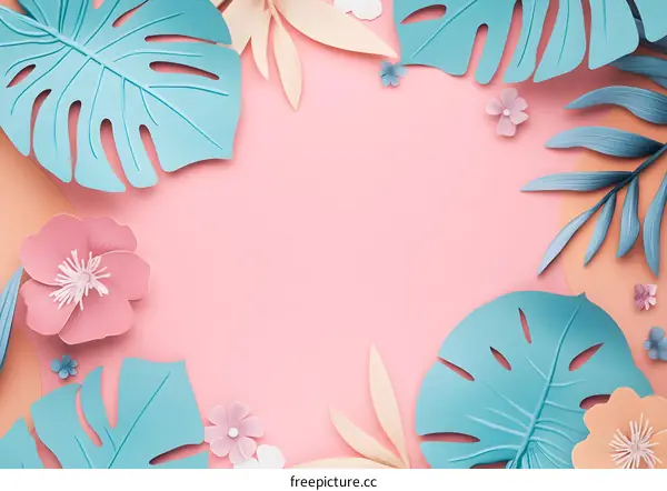 Tropical Leaves and Flowers Paper Cutout Background