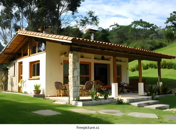 Modern House with Stone Columns and Patio in a Green Landscape