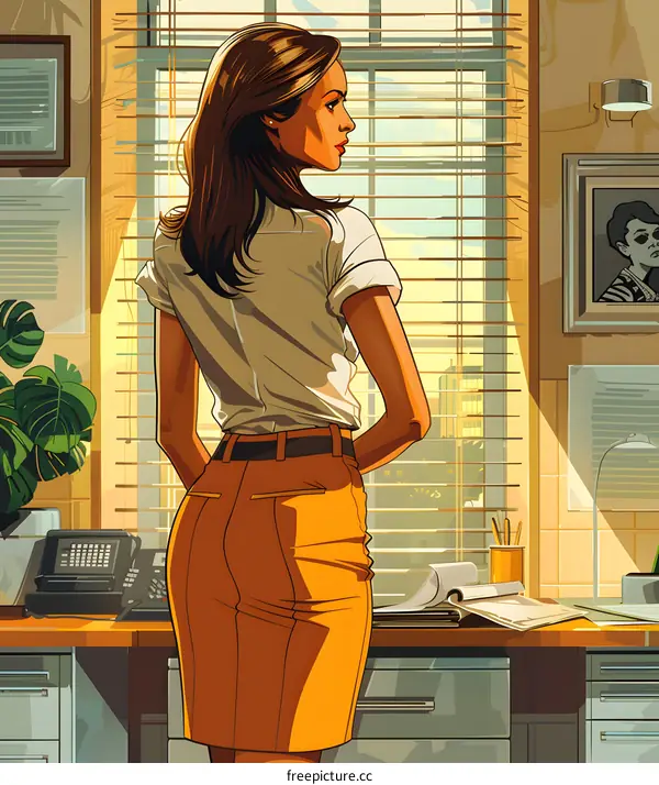 Woman Looking Out Window in Office