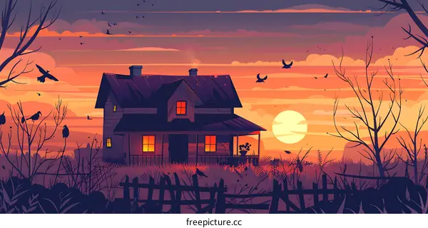 Sunset House with Silhouette Trees and Birds