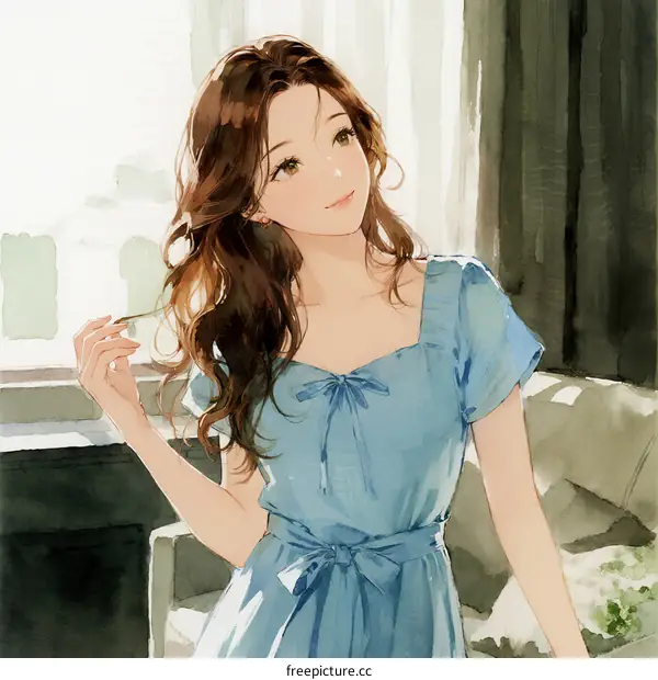 A Young Woman in a Blue Dress with Curly Hair