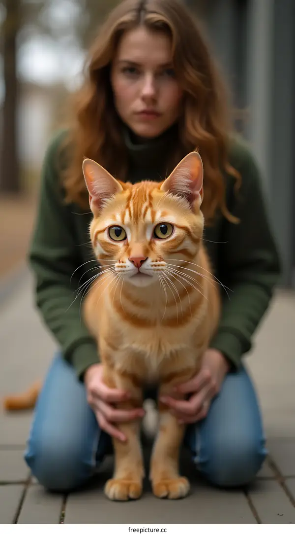 Woman Kneeling with Ginger Cat on a Patio