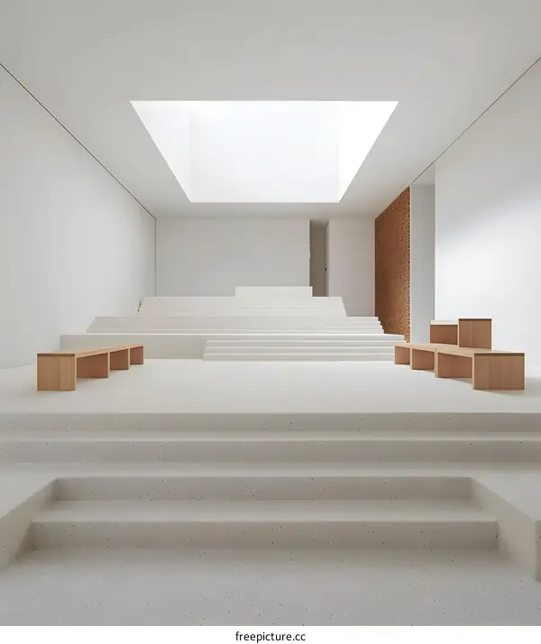 Minimalist White Interior Design With Wooden Benches and Skylight