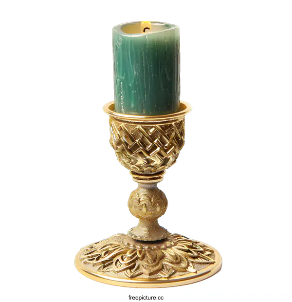 [Transparent Background PNG]Green Candle On Golden Candelabra Isolated On White Background