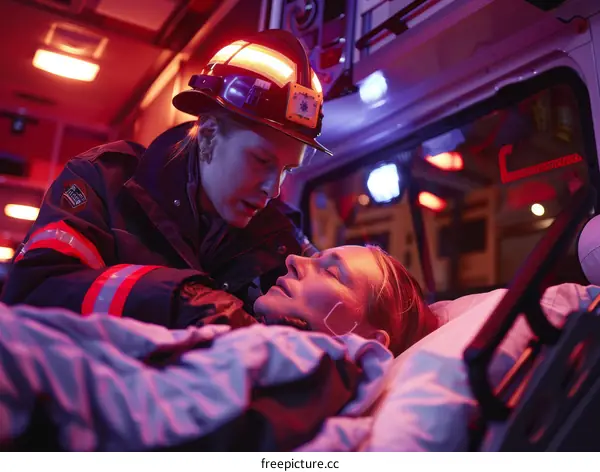 Firefighter comforting a patient in an ambulance
