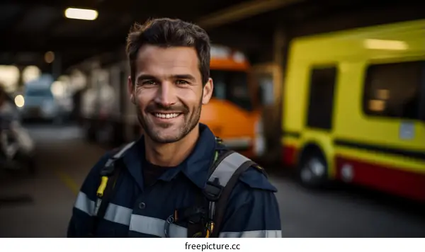 Portrait of a smiling firefighter in protective gear standing in front of a fire truck