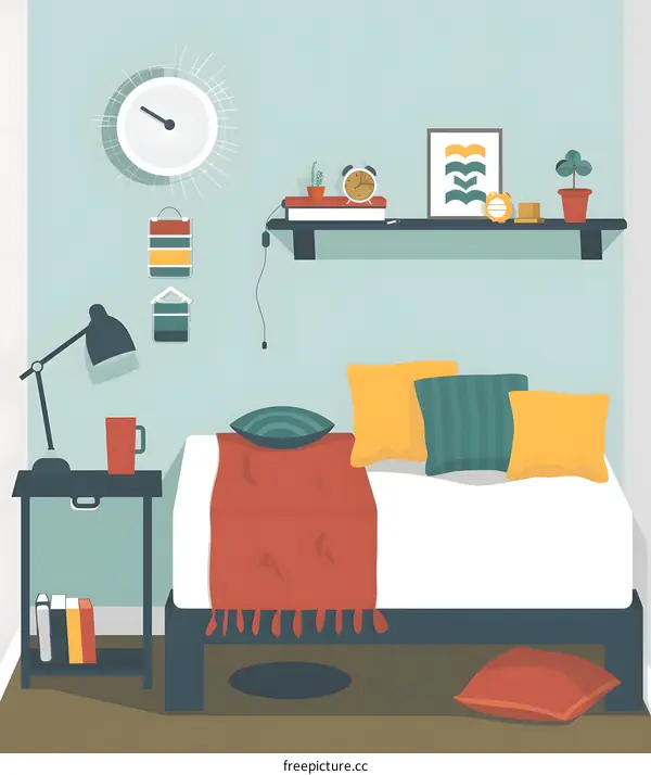 Minimalist Bedroom Illustration with Bed, Shelf, and Clock