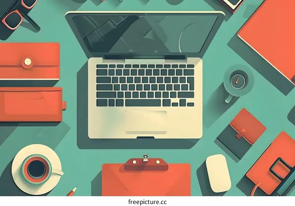 Flat Lay of Laptop, Coffee Cup and Office Supplies