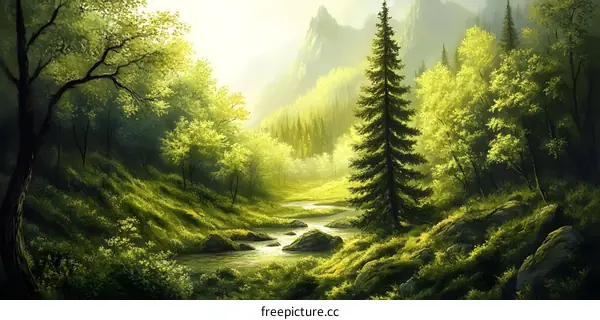 Forest Landscape Painting with River and Mountains