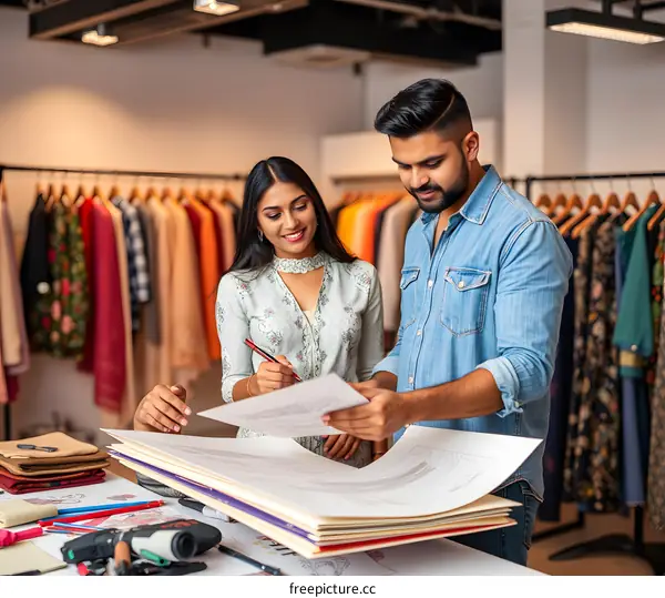 Indian Fashion Designers Discussing a Garment Design in Their Studio
