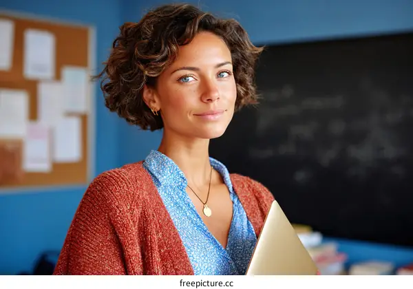 A young woman with curly hair holding a folder in a classroom