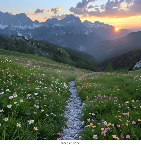 The setting sun casts a golden glow over a lush alpine meadow