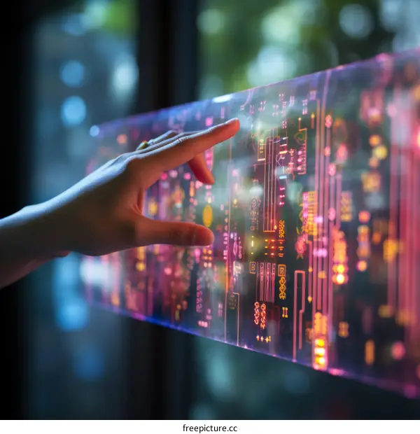 A person touching a transparent screen with a circuit board pattern