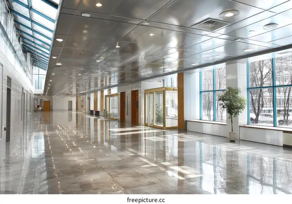 Modern Empty Office Hallway with Large Windows