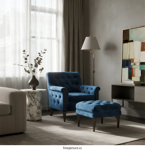 Elegant living room with blue tufted armchair and ottoman