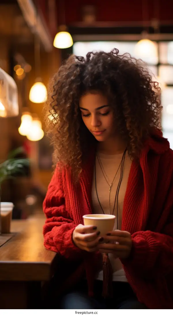 A young woman with curly hair is sitting in a cafe drinking coffee