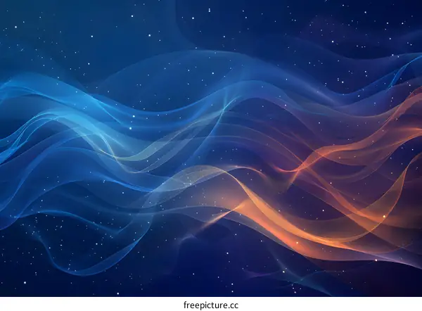 Blue and orange ribbon-like light bands intertwine on a dark blue background