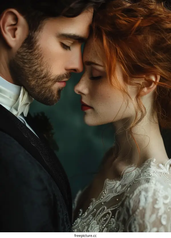 A beautiful couple is standing close to each other with their eyes closed