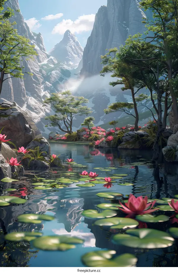 Tranquil Pond with Water Lilies and Majestic Mountains