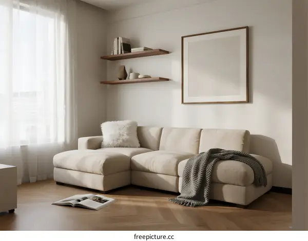 Cozy beige corner sofa with blanket and open book in bright living room