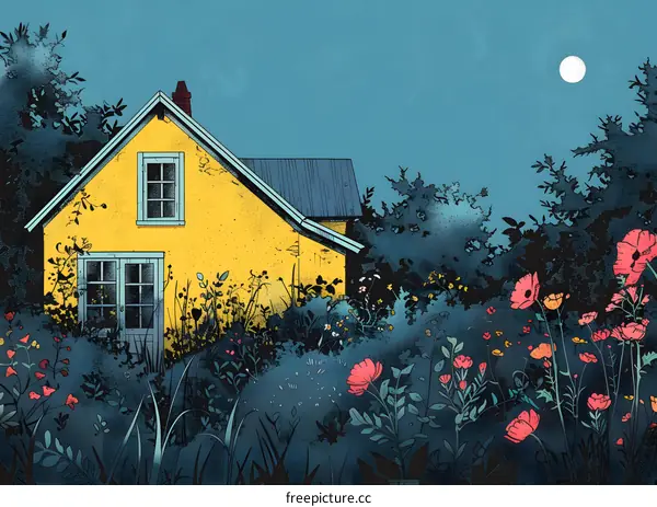 Small yellow house hidden in overgrown flower field at night