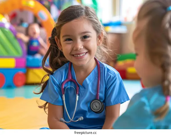 Little Girl Wearing Scrubs and Stethoscope