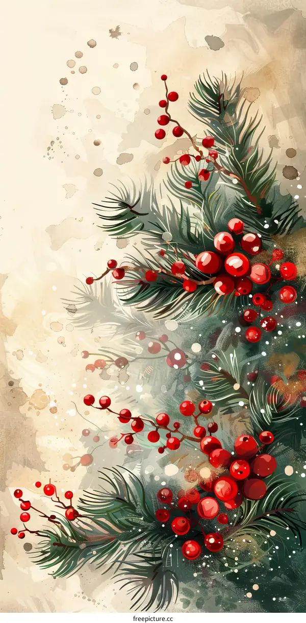 Watercolor Christmas Card Illustration with Holly and Berries