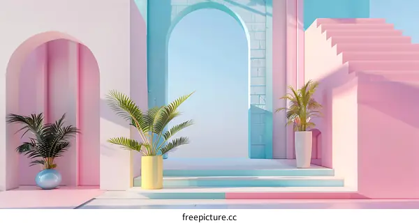 Minimalist 3D Illustration of Pink and Blue Archways with Palm Trees