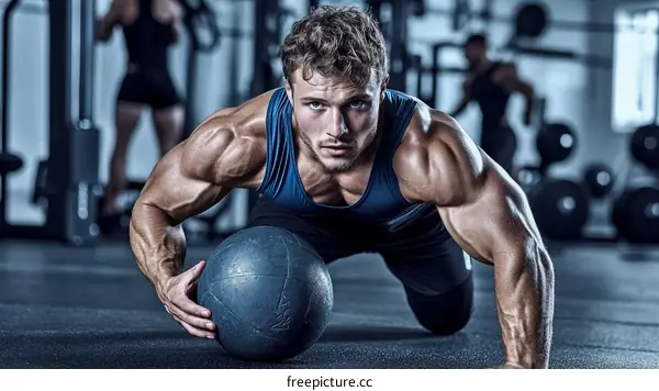 Muscular Caucasian Man Doing Exercise with Medicine Ball in Gym