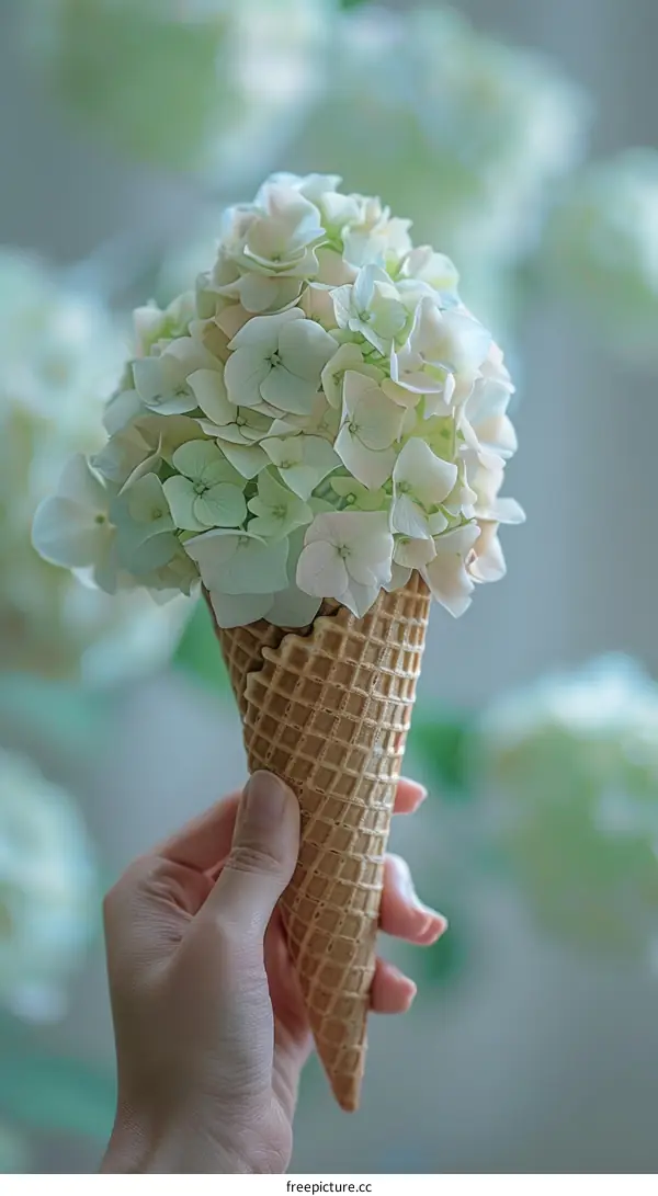 A hand holding an ice cream cone made of white and green flowers