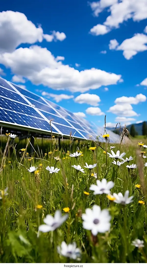 Solar Panels in a Green Field with Flowers