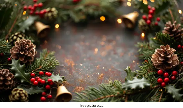 Christmas wreath with red berries and golden bells