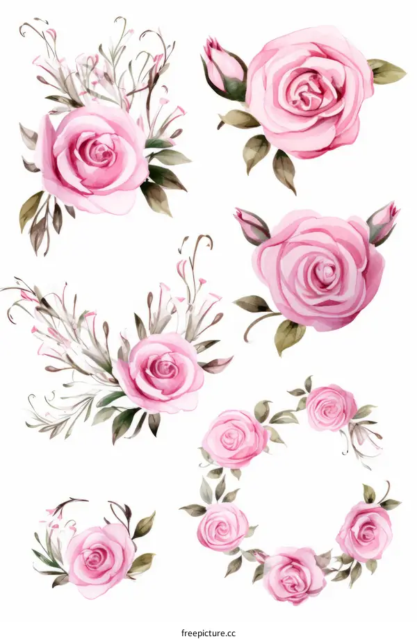 A set of pink roses with buds and leaves