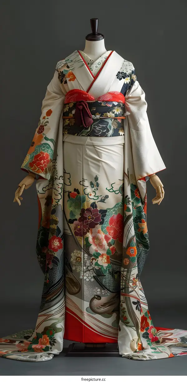 A kimono with a floral pattern and a red obi