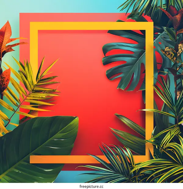 Tropical Leaves Border with Colorful Background