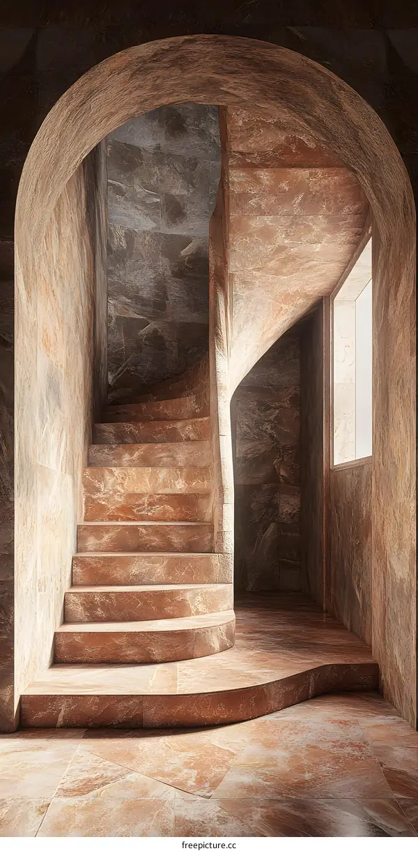 Modern Staircase Interior Design with Stone Walls and Curved Steps