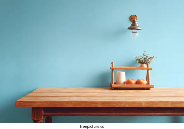 Simple Wooden Tableware Display Against a Light Teal Wall