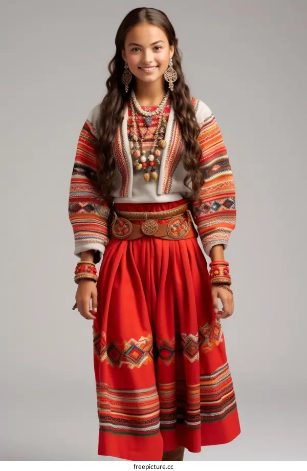 A young woman wearing a red and white embroidered dress with a white blouse and a red skirt with a brown belt and a necklace of beads and stones