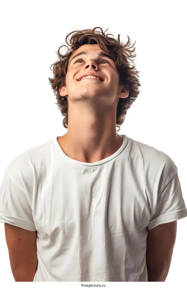 Young man looking up with a hopeful expression on his face
