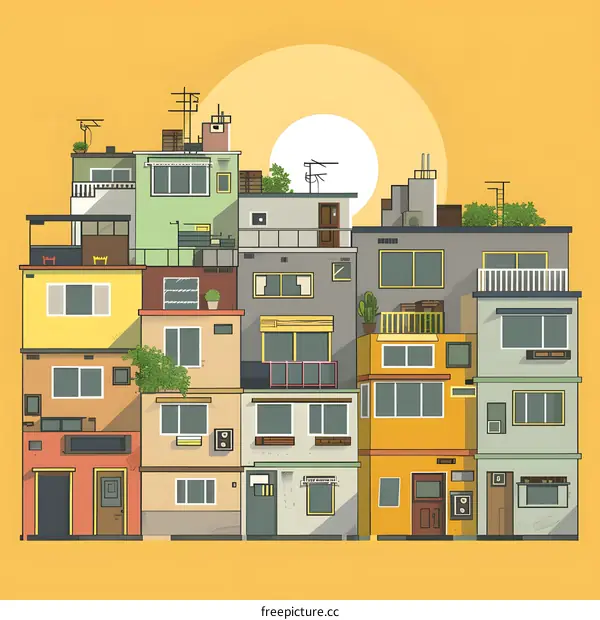 Colorful Illustration of Townhouses and Sun