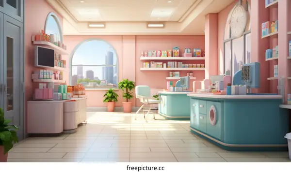 The interior of a pharmacy with pink walls and blue counters
