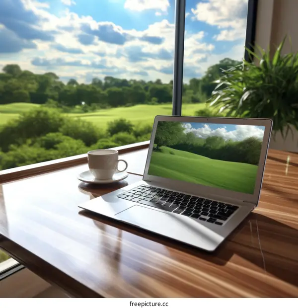 Laptop and a cup of coffee on a table with a view of a golf course