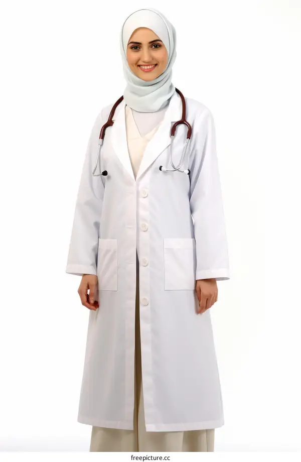 A female middle eastern doctor wearing a hijab and a lab coat