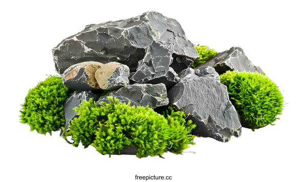 [Transparent Background PNG]Green Moss and Grey Rocks Isolated on White Background