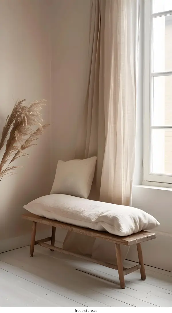 White Linen Cushioned Wooden Bench Near Window