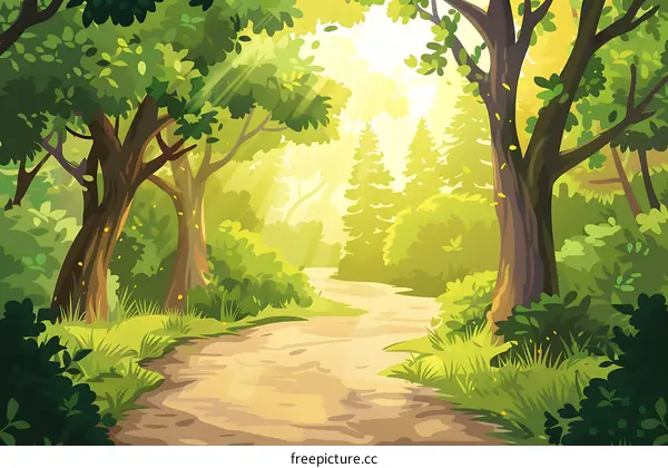 Sunlight Through Trees In A Forest Path Illustration